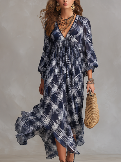 Vestido Maxi Fluido a Rayas en Azul Marino de Estilo Francés