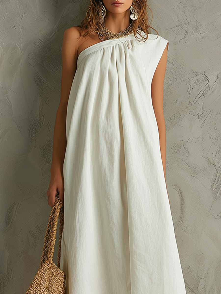 Vestido Maxi Blanco Minimalista con Un Hombro y Ambiente de Resort