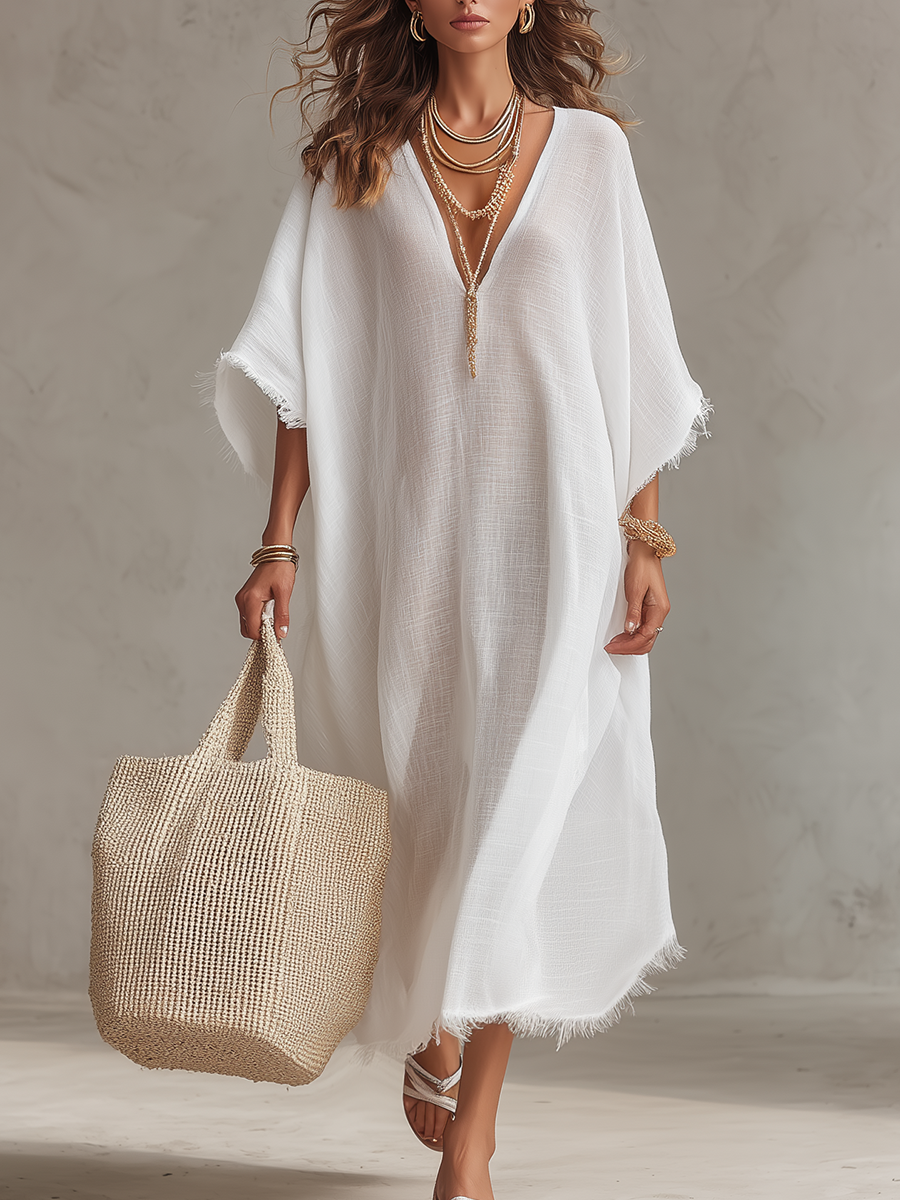 Vestido Midi de Cuello en V Relajado