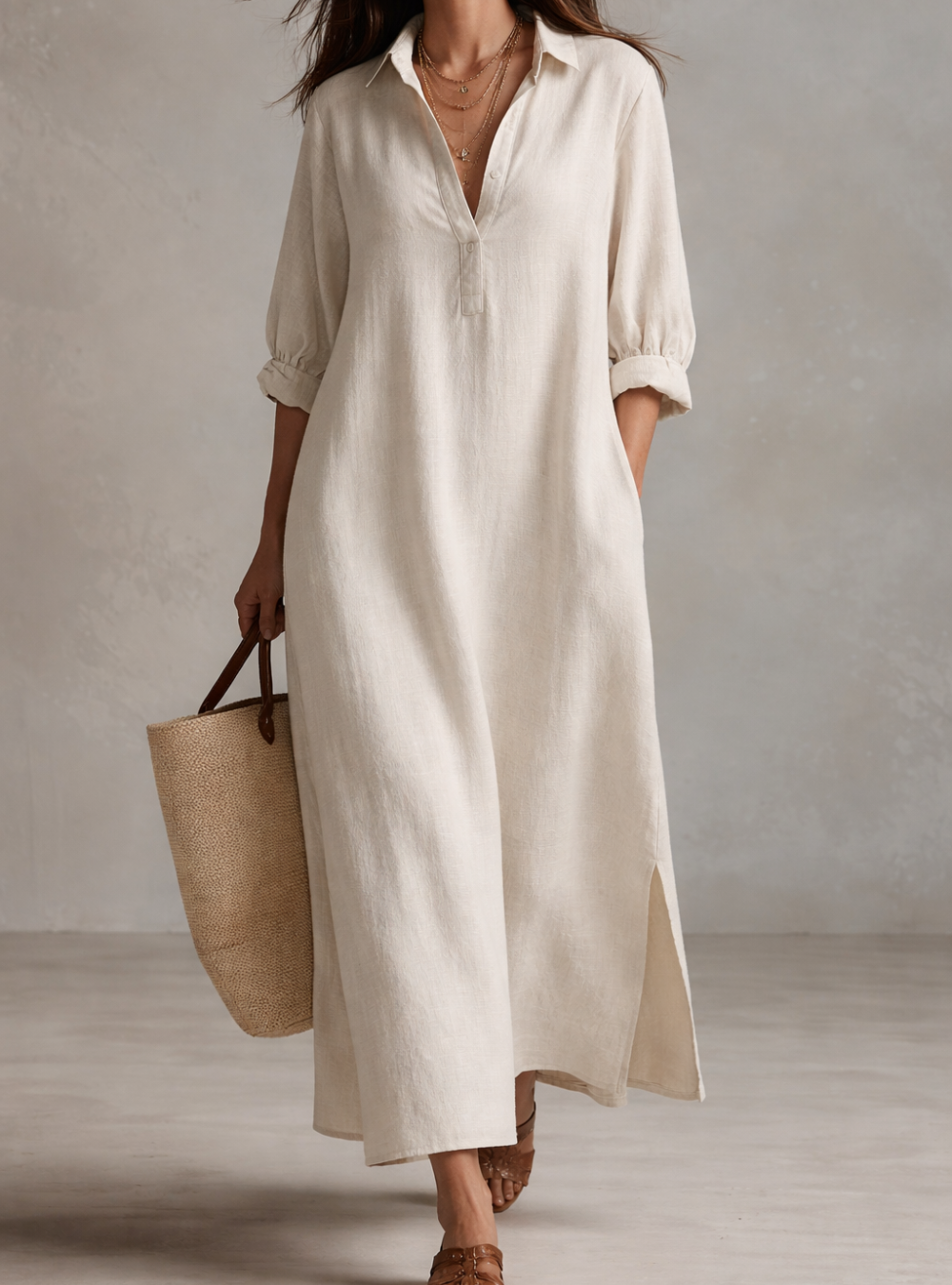 Vestido Camisa Maxi Ligero Vintage en Crema Natural