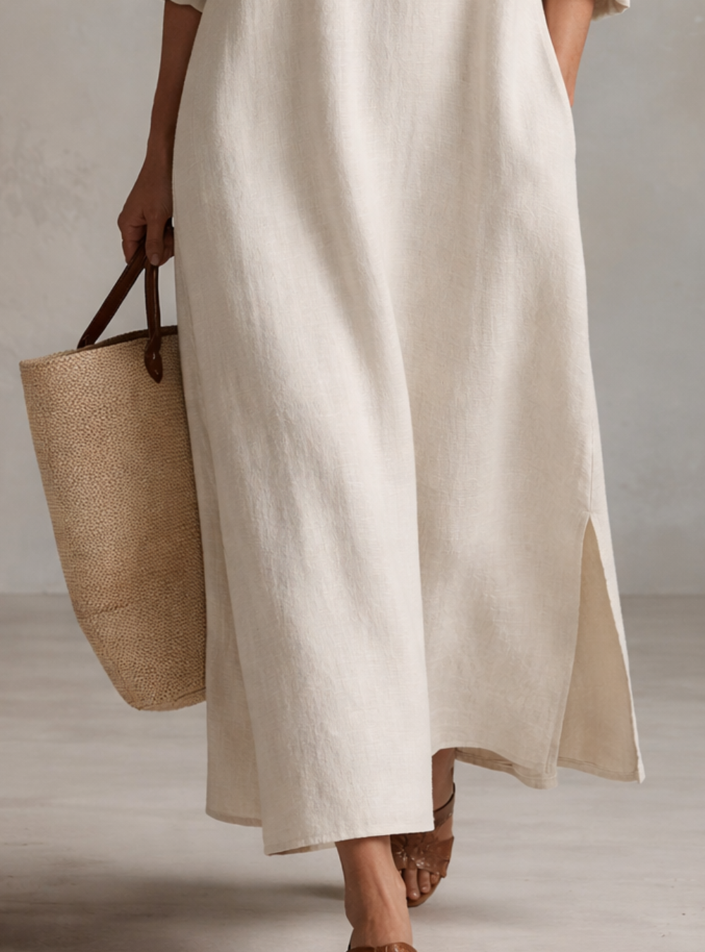 Vestido Camisa Maxi Ligero Vintage en Crema Natural