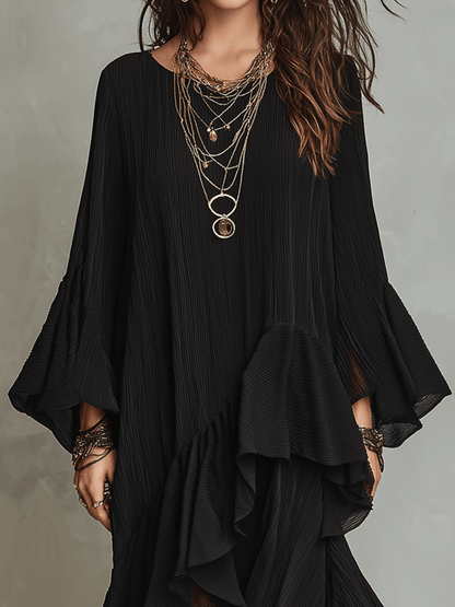 Elegante Vestido Midi Boho Negro con Volantes Asimétricos