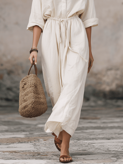 Vestido Maxi Camisero Bohemio Sin Esfuerzo con Cuerda en la Cintura