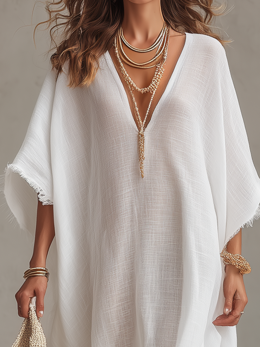 Vestido Midi de Cuello en V Relajado