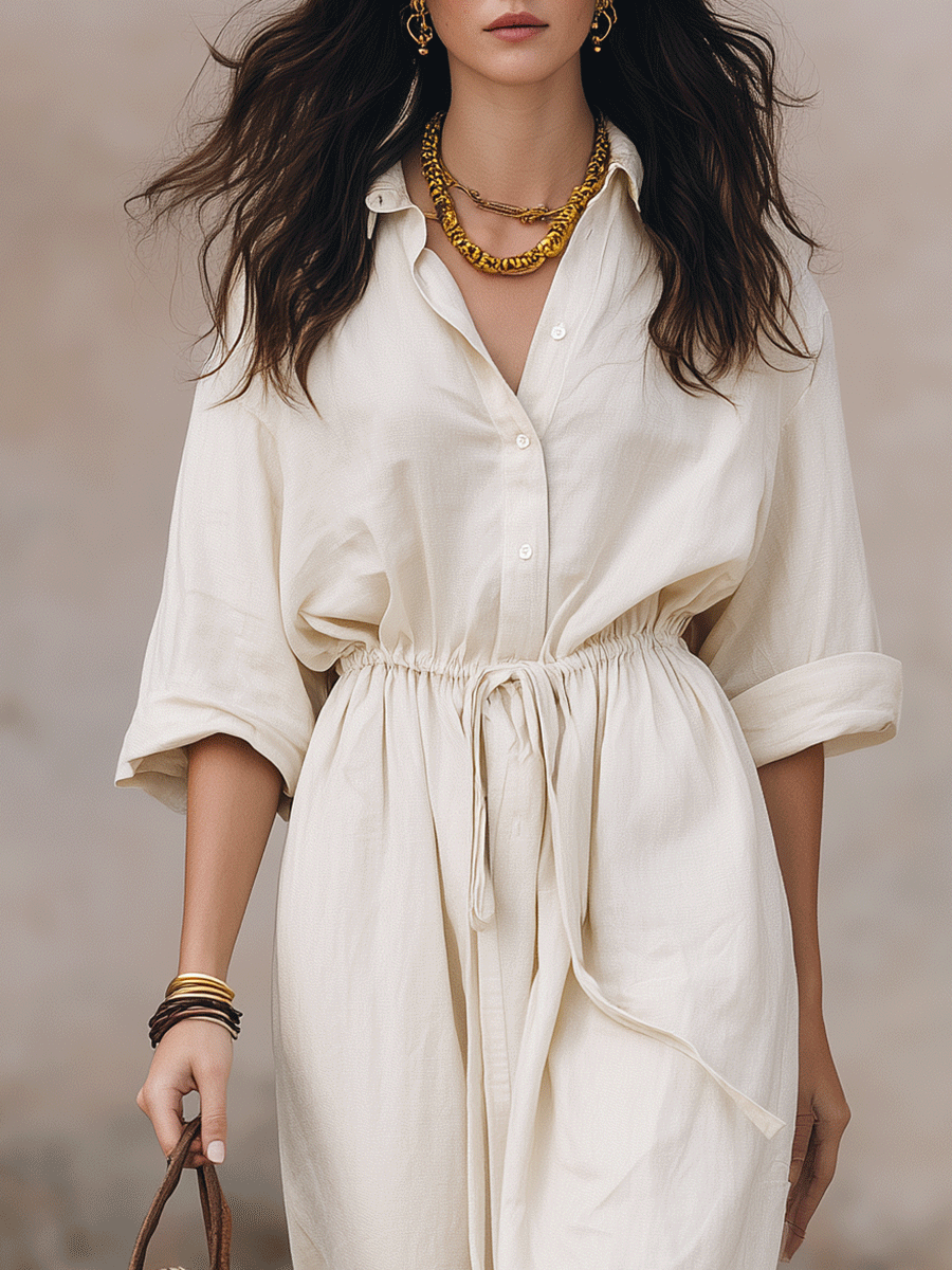 Vestido Maxi Camisero Bohemio Sin Esfuerzo con Cuerda en la Cintura