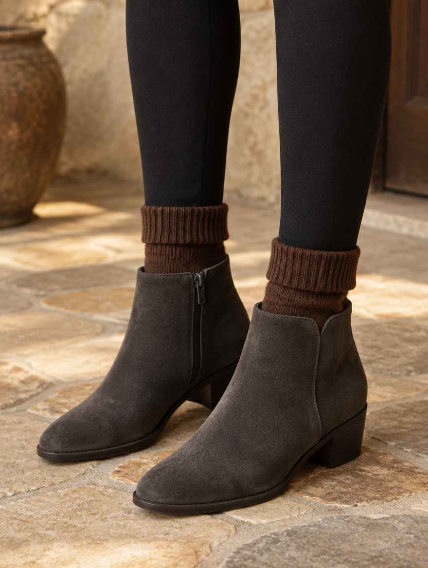 Calcetines Soledad en chocolate con botines grises